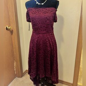 High-low burgundy formal dress with flower detailing
